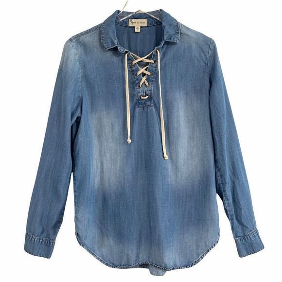 Cloth &‎ Stone Lace Up Chambray Tunic Collared Top - Picture 2 of 10